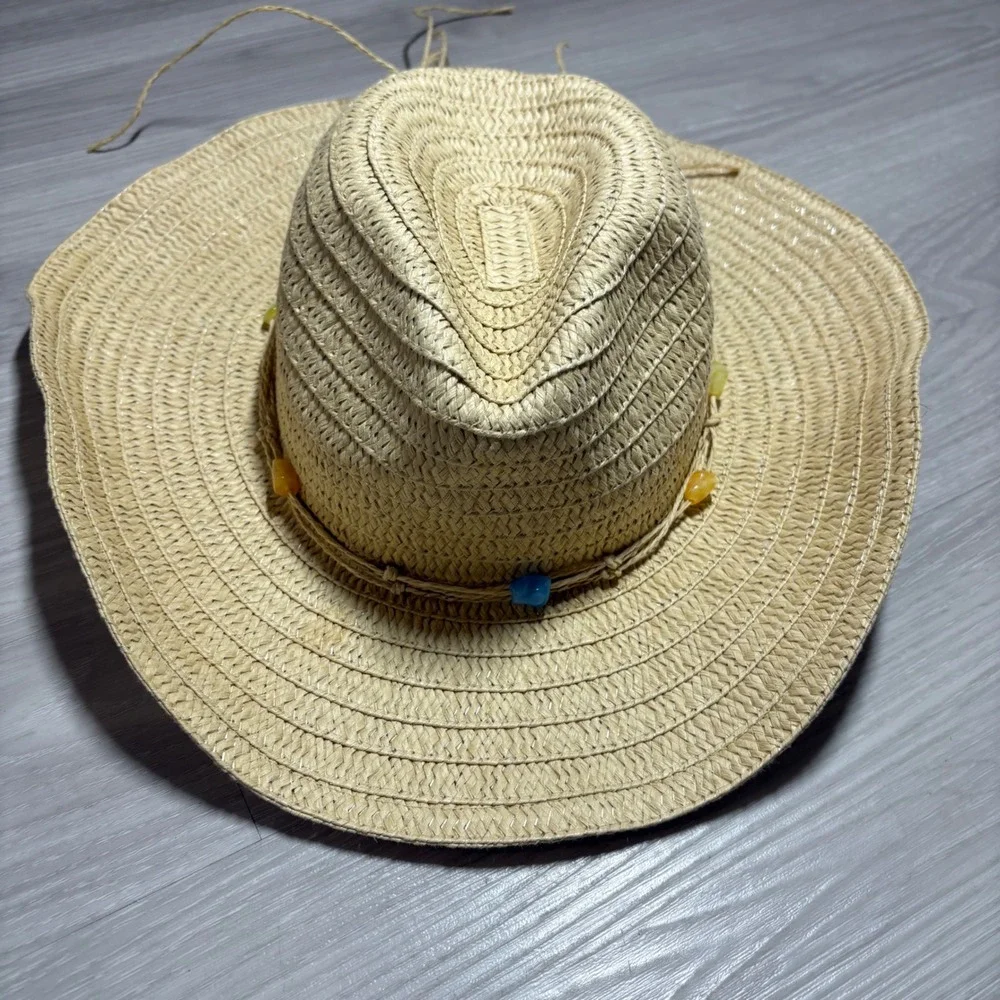 White Mountain Hat Womens Tan Straw Cowboy Hat Beaded Western Sun Hat OS